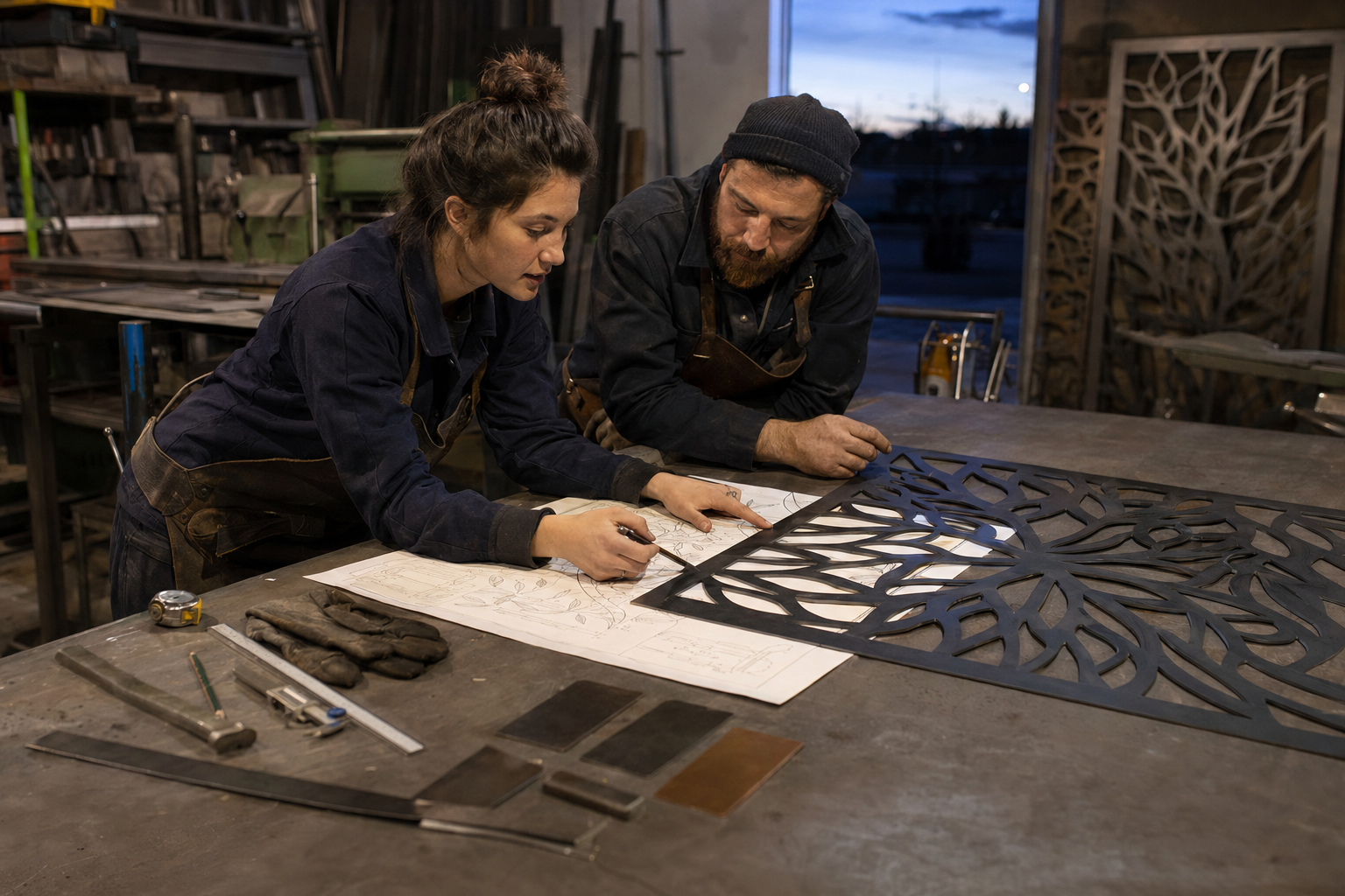 Equipo de Urban Outdoor diseñando una pieza de hierro en el taller